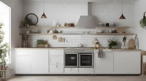 Blank white kitchen picture frame mockup. Minimalist staging. generative.ai