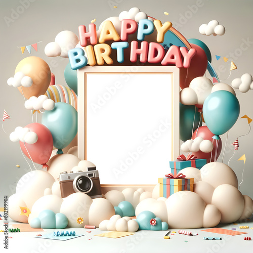 PNG transparent empty frame with children's birthday theme, add your photo to the transparent empty frame