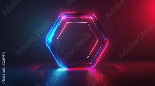 Vector realistic 3d hexagon with neon parts on dark background . Futuristic illustration . Sci fi object , Realistic hexagon , Futuristic glowing HUD hexagonal element .Nano techology