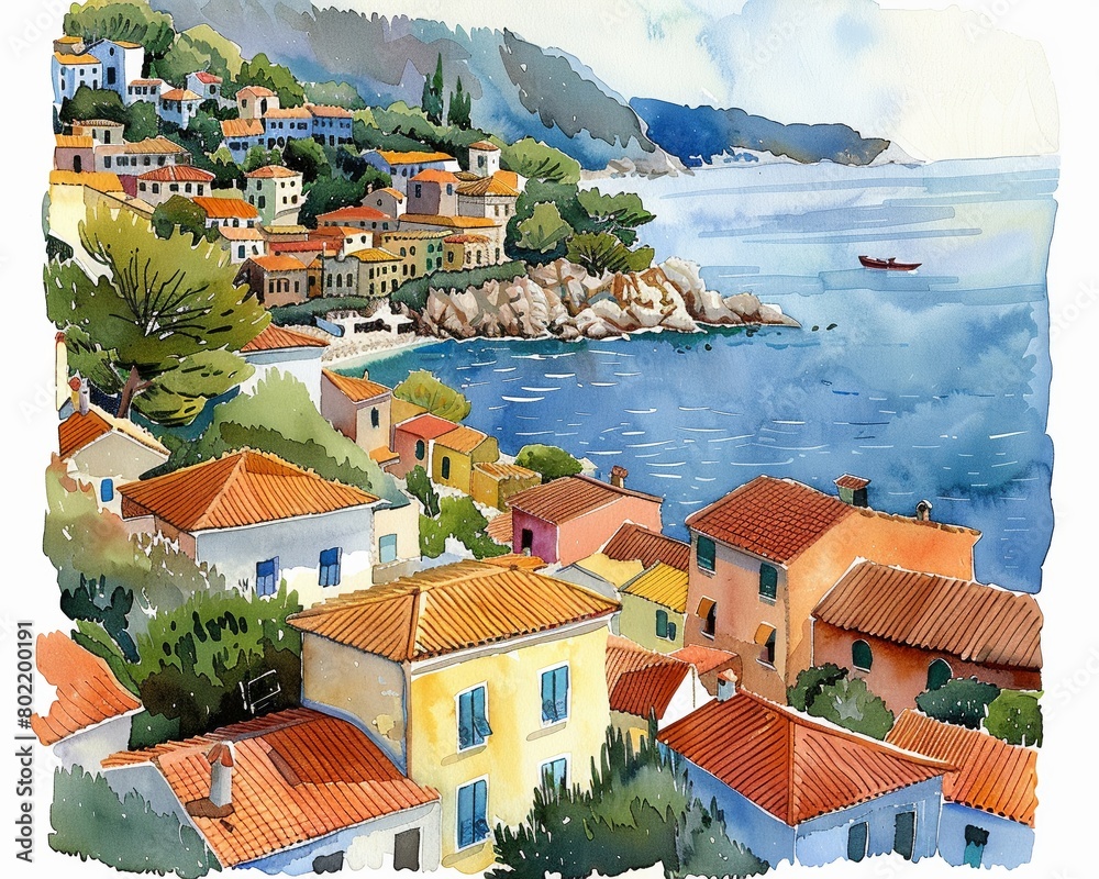 A watercolor illustration of a Mediterranean seaside town, with colorful houses and tranquil sea elements in the background