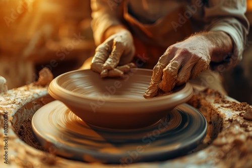 A potter shapes a clay bowl on a spinning wheel photo