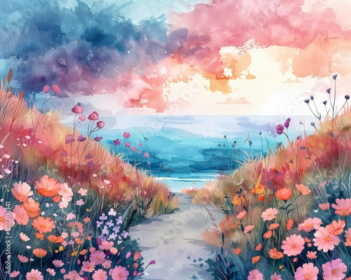 A watercolor illustration of a desert landscape at dusk  with colorful skies and serene desert elements in the background