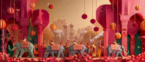 A traditional Indian wedding procession, with elephants and revelers in a parade of richly colored paper garlands and fabrics, paper art style concept photo