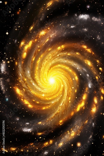 Spectacular depiction of a spiral galaxy with swirling arms of golden stars and cosmic dust against the dark expanse of spaceConcept: galaxy, spiral, cosmic, stars, universe