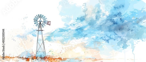 A watercolor painting of a minimalistic, clean windmill standing tall against a breezy sky, Clipart isolated on white background