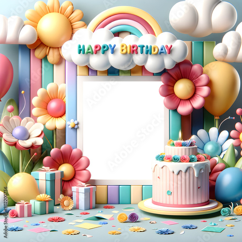 PNG transparent empty frame with children's birthday theme, add your photo to the transparent empty frame