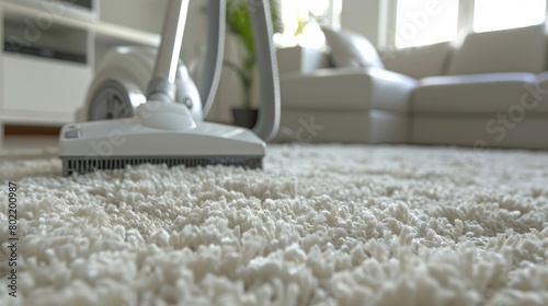 Modern home cleaning with a powerful vacuum cleaner on a plush white carpet, emphasizing hygiene and comfort in living spaces