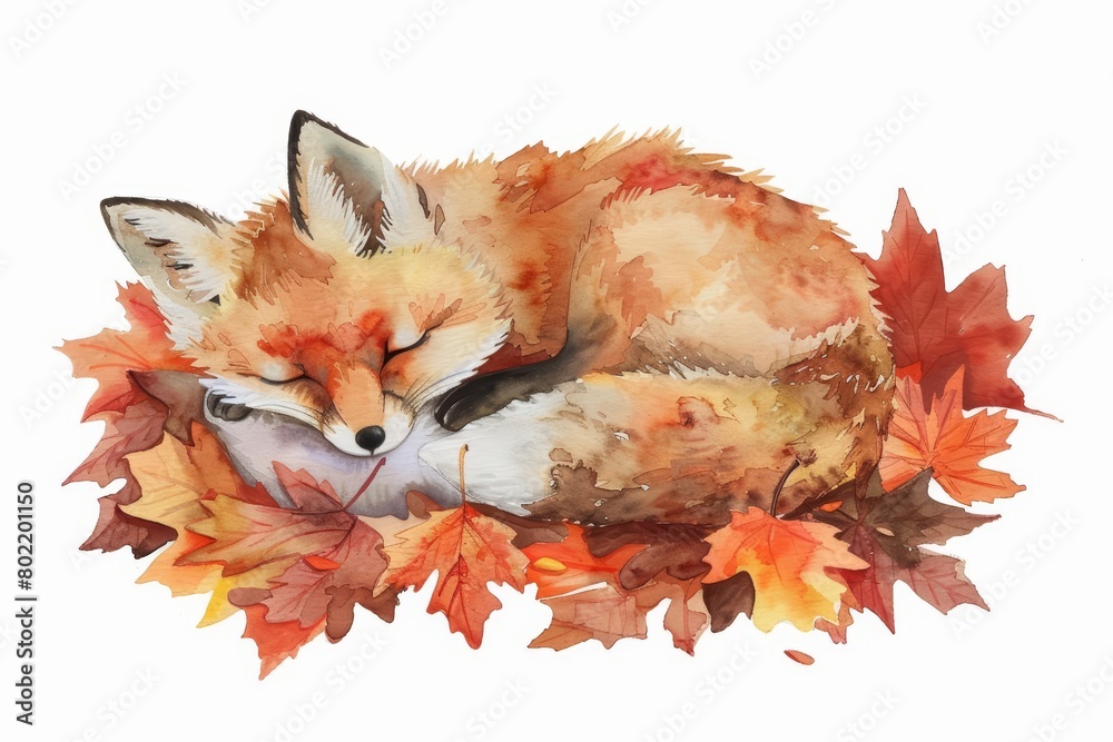 Naklejka premium A watercolor painting of a so cute baby fox curled up in a bed of fallen leaves, Clipart isolated on white background