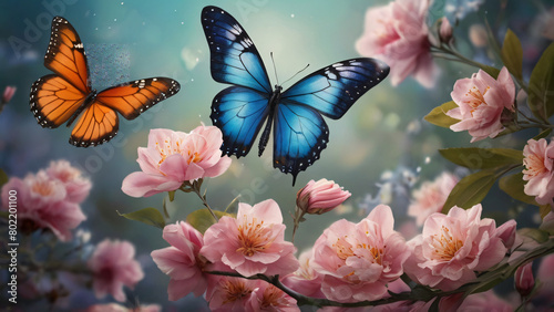 Two Monarch Butterflies on Pink Cherry Blossoms