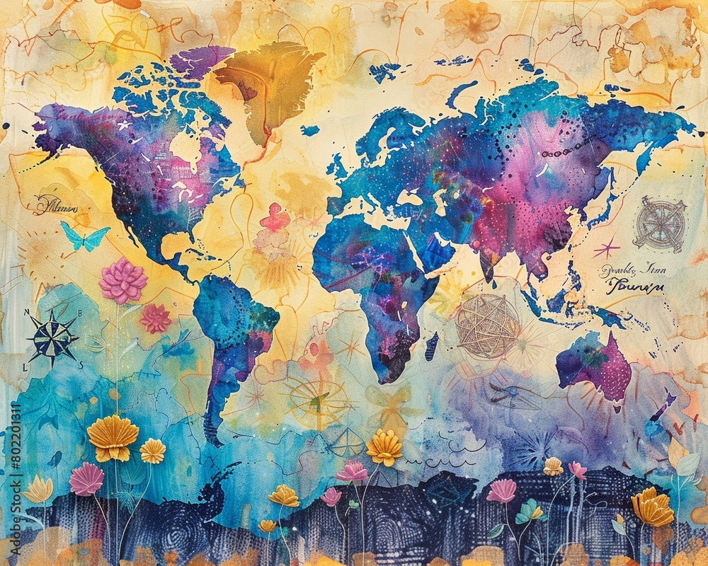 A watercolor map of the world with a twist, featuring colorful, whimsical elements and a creative background design