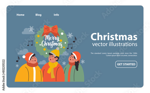 Christmas celebration web banner or landing page. Cheerful family members