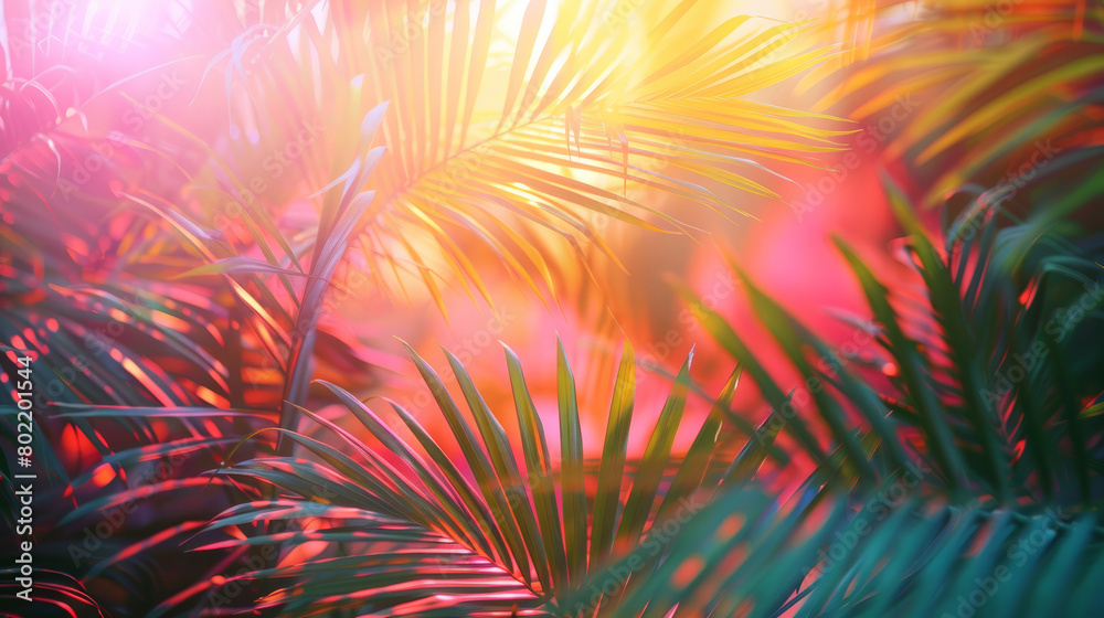 Vibrant tropical palm leaves basking in a colorful sunset