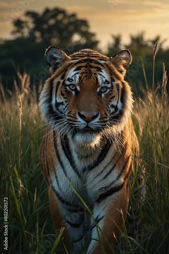 majestic tiger on the hunt for some prey in high grass  stock photo  background