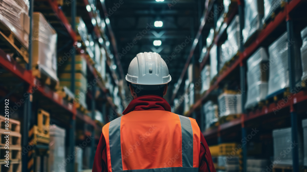 Warehouse worker in hardhat overseeing storage shelves