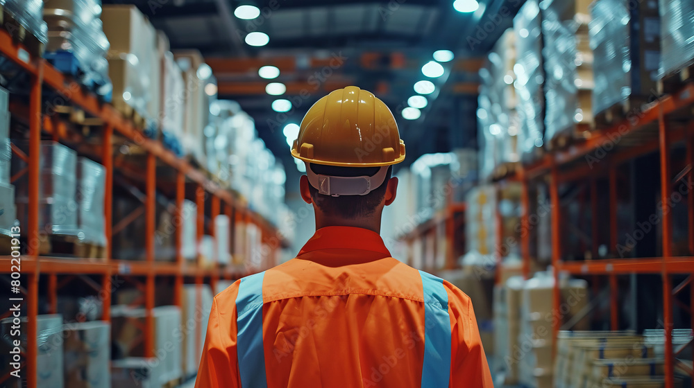 Warehouse worker in hardhat overseeing operations at night
