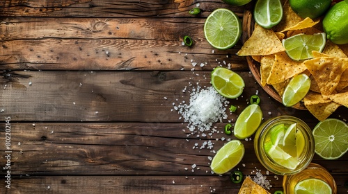 Margarita cocktail with sliced and whole limes, nachos and salt on wooden bar table. Mexican party background photo