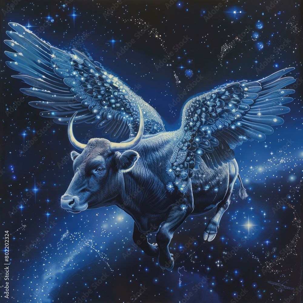 Imagine, in the vast expanse of space, a scene both surreal and serene--a magnificent winged cow gracefully gliding amidst the twinkling stars. 