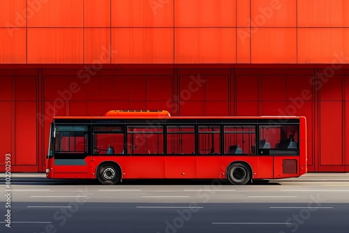 The red bus drives along the red building