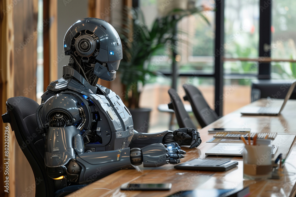 A robot office worker is sitting at a desk A robot office worker is sitting at a desk