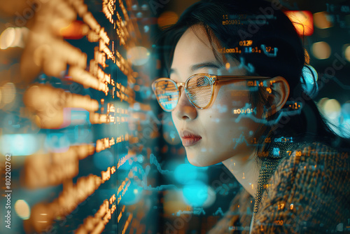 concept of a female software developer working on a computer, represented by a double exposure of lines of code and a developer in action