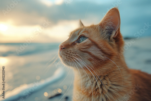 Ginger orange cat relaxing on a sand beach looking into the distance.