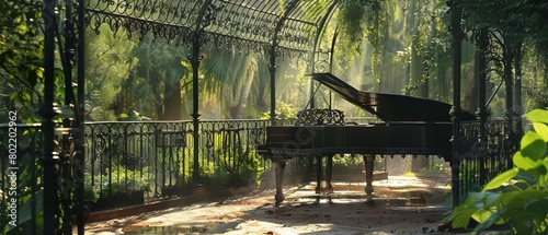 In a botanical garden, an ornate wrought iron stage hosts a classical music ensemble, merging nature with harmonious melodies, product display background