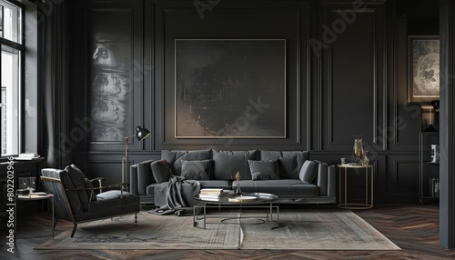 In a dark and stylish living room, the mockup poster frame stands out against the rich, deep tones, 3D render sharpen photo