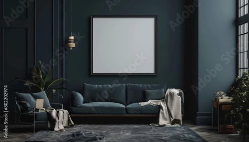 In a dark and stylish living room, the mockup poster frame stands out against the rich, deep tones, 3D render sharpen © JK_kyoto