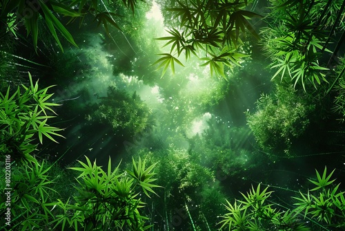The photo shows a lush green bamboo forest with sunlight shining through the trees
