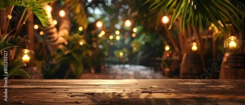 In the blur of an admirable restaurant at night, the wooden table under palm leaves whispers tales of tropical evenings, Sharpen 3d rendering background photo