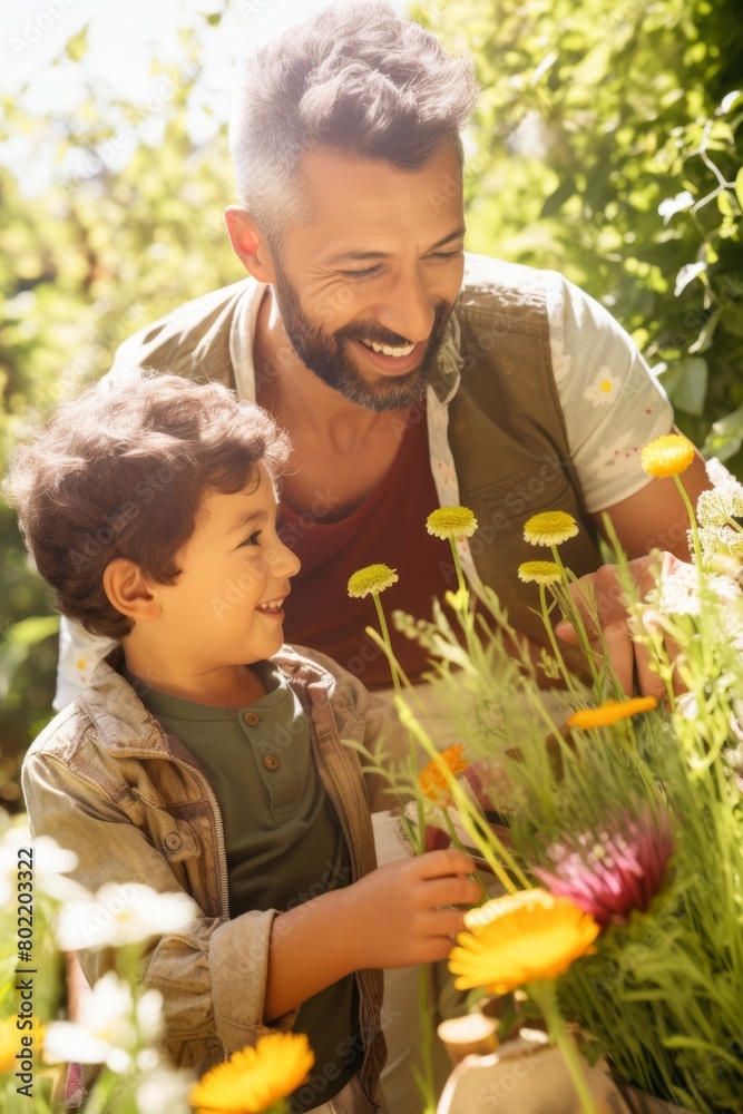 Vertical photo of a smiling father and his young son enjoying gardening together in a sunlit flower garden, sharing a moment of learning and connection

Family, gardening, nature, learning, bonding