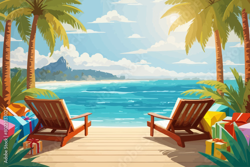 calm sea beach palms cartoon illustration 