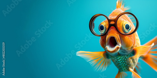 Fish with a surprised look and glasses on a blue background