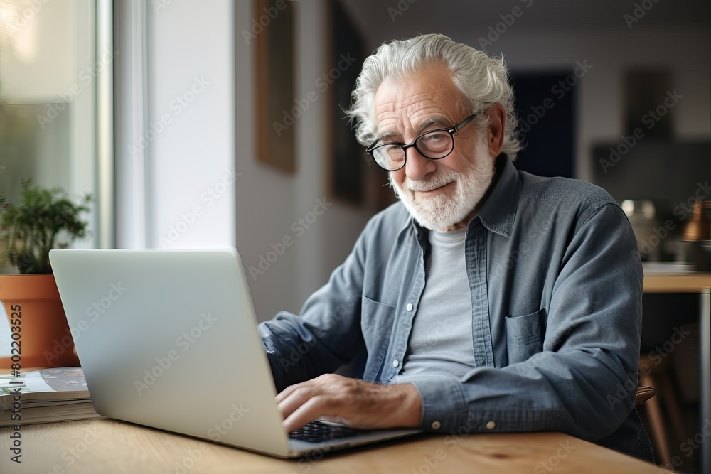 Elderly man in eyeglasses works at home in front of a laptop monitor. He is smiling and looking at camera. Freelancing at any age. Elderly man in eyeglasses works at home in front of a laptop monitor. He is smiling and looking at camera. Freelancing at any age.