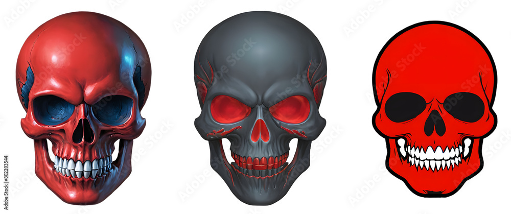 artistic composition featuring three red skulls