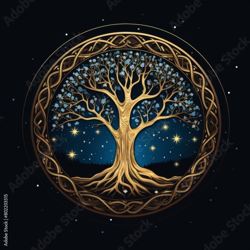 Mystical illustration of a glowing blue tree encircled by a golden frame with Celtic motifs, set against a starry night sky, symbolizing ancient wisdom and magic
Mystical tree, Celtic symbol photo