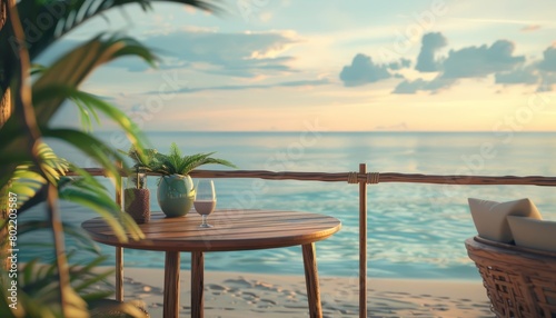 On the tropical resorts balcony  a wooden table with sea view and beach creates an inviting space for evening cocktails  Sharpen 3d rendering background