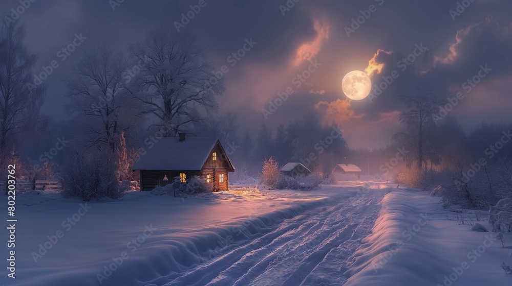 A tranquil winter night landscape featuring a snow-covered road, a cosy cottage homestead, and a radiant full moon illuminating the sky.