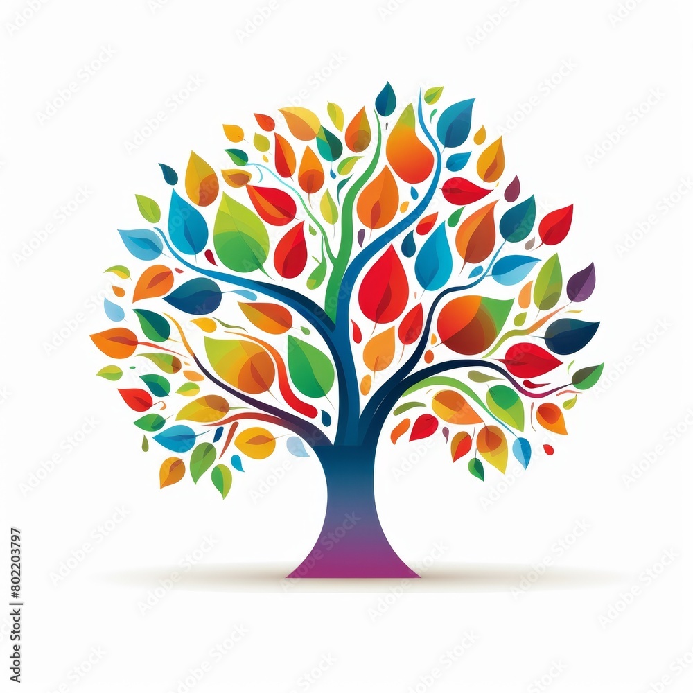 Fototapeta premium Colorful illustration of a stylized tree with vibrant multi-colored leaves arranged in a gradient, perfect for themes of diversity white background Stylized tree, colorful leaves, diversity, growt