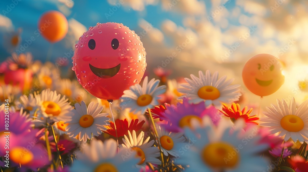 Smiling balloons celebrating the dance of spring, nestled in a field of daisies under a radiant dawn