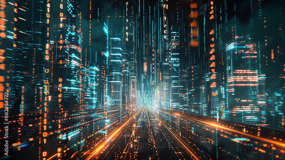 Naklejka premium A binary code pattern forming a futuristic cityscape, highlighting the potential of technology