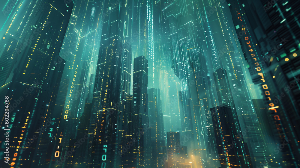 A binary code pattern forming a futuristic cityscape, highlighting the potential of technology A binary code pattern forming a futuristic cityscape, highlighting the potential of technology