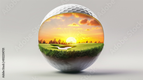 realistic 3D cross-section of a golf ball, interior showcasing a lush green golf course, isolated background photo
