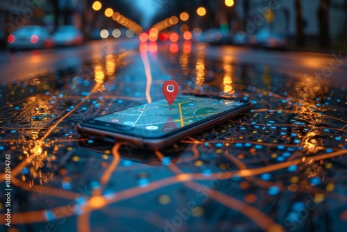 Point on smartphone with gps navigator icon and map on blur traffic road abstract background.