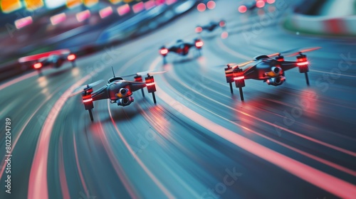 The banner background for a drone racing competition displays highspeed drones navigating through complex courses photo
