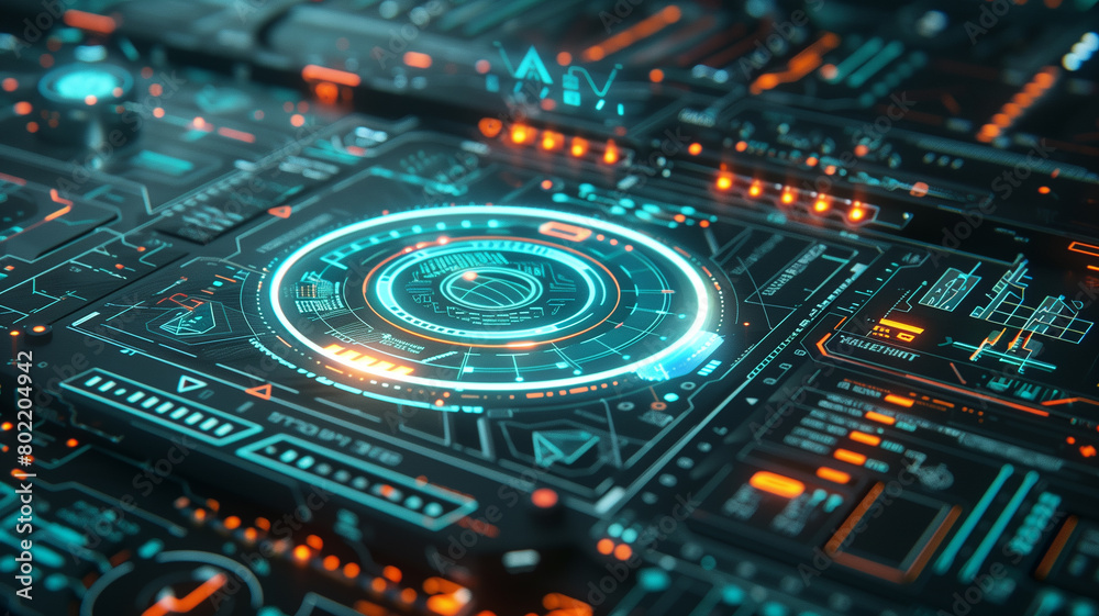 A close-up shot of a futuristic user interface with glowing symbols and holographic buttons A close-up shot of a futuristic user interface with glowing symbols and holographic buttons