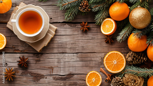 Christmas composition with hot tea and oranges on wood