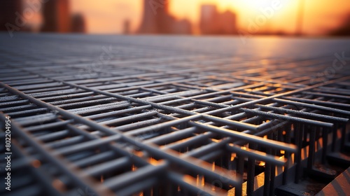 Generate an artistic rendering of a close-up of a metal grate with the sun rising in the background. photo