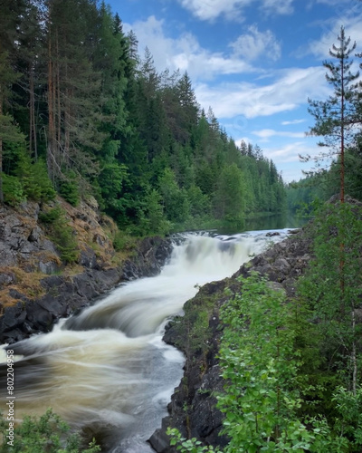 Kivach waterfall in the forest of Karelia  Russia  June 2019