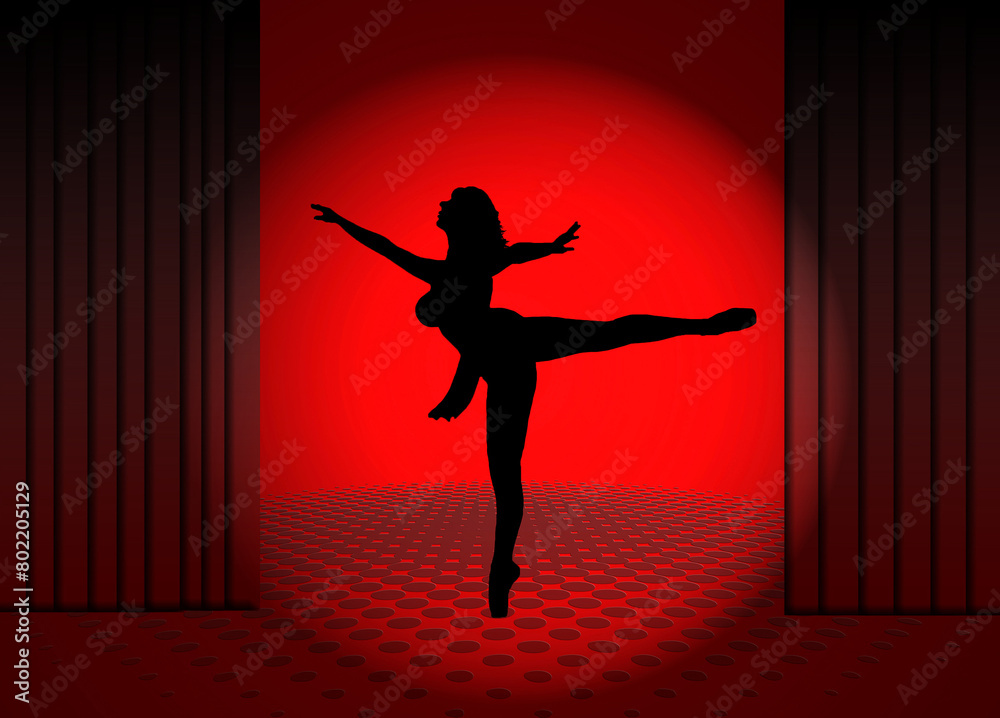 Escenario, bailarina, foco, rojo, ilustración